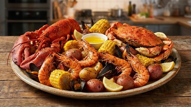 Fresh seafood boil platter with lobster crab shrimp corn and potatoes on a rustic wooden table. lobster seafood bake