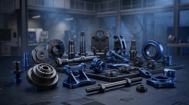 Collection of precision CNC machined steel components, industrial gears, bolts, bearings, and mechanical hardware arranged on a work surface in a modern manufacturing workshop.