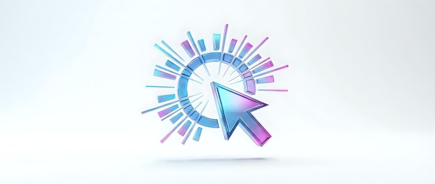 Glossy blue and purple cursor icon surrounded by radiating bars