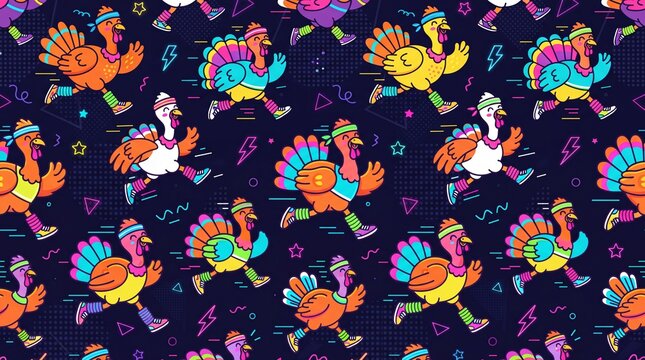 Retro 80s Neon Turkey Trot Running Seamless Pattern Background