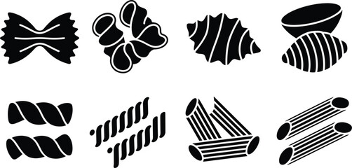 Fototapeta premium Italian pasta types silhouette icon collection set with farfalle penne fusilli conchiglie for restaurant menu vector