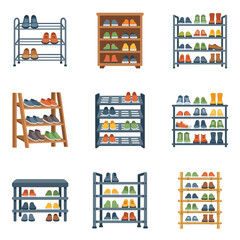 Fototapeta premium Collection of various shoe racks and shoe storage solutions.