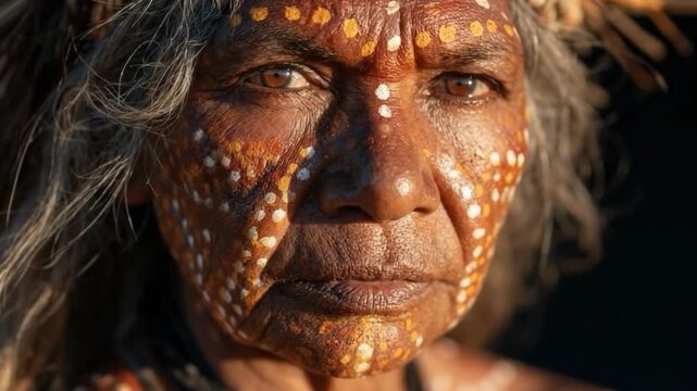 Elderly Indigenous Woman Portrait Tribal Face Paint Traditional Intense Gaze Cultural Wisdom Ethnic Close Up	
