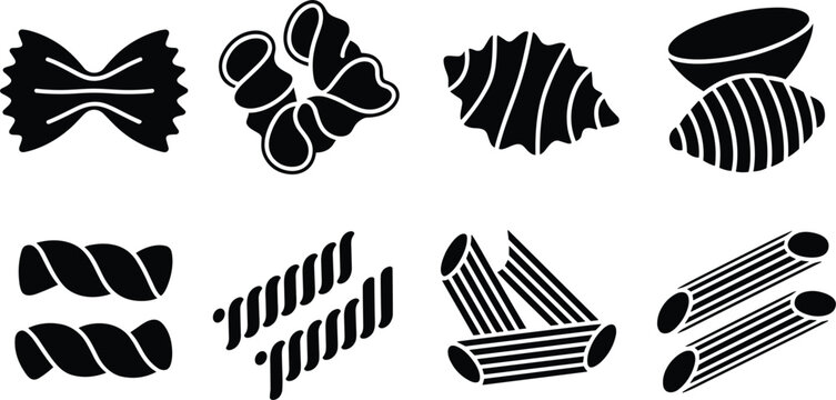 Italian pasta types silhouette icon collection set with farfalle penne fusilli conchiglie for restaurant menu vector
