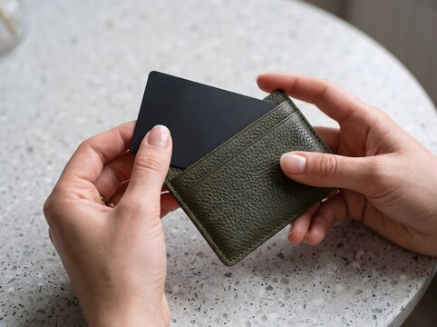 Wallet Held by Hands While Inserting a Black Payment Card into a Textured Olive Green Leather Card Holder on a Bright Terrazzo Surface for Contactless Finance and Everyday Spending Concepts