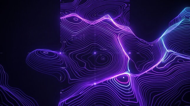 Futuristic glowing topographic map wireframe representing 3D digital terrain modeling, neon spatial data visualization, geographic cartography, and cyber network background concepts