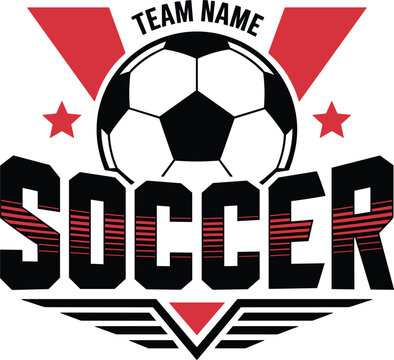 Soccer ball team sport logo template with customizable text banner stars and athletic graphic element vector
