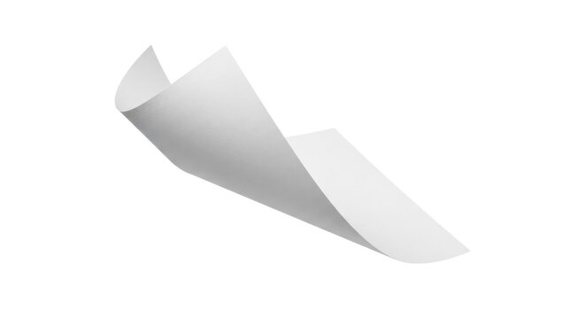Single blank white sheet of paper falling and twisting mid-air, isolated on white background