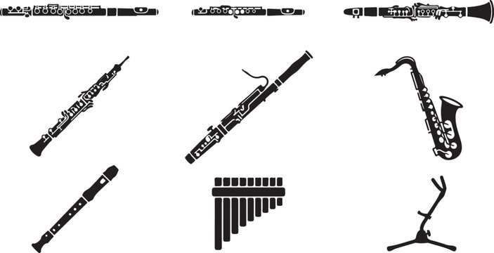 Collection of woodwind musical instruments including flute, clarinet, oboe, bassoon, saxophone, recorder, and pan flute set