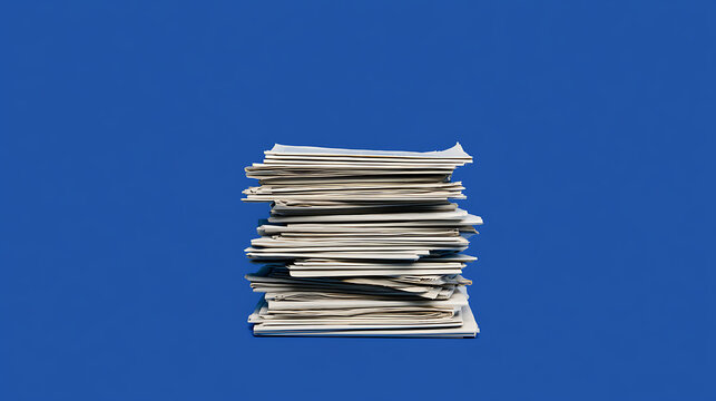 A neat stack of white paper documents and office paperwork neatly piled up and isolated against a clean solid blue background for projects
