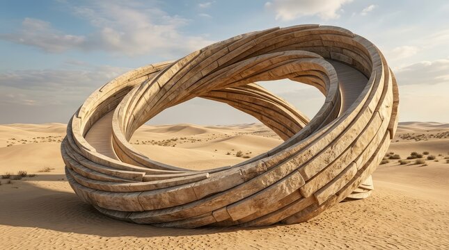 Massive woven sculpture resembling a mobius strip in a desert landscape