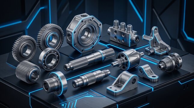 Collection of precision engineered metal industrial components including steel gears, ball bearings, splined shafts, and CNC machined parts on a dark tech platform with blue neon accents.