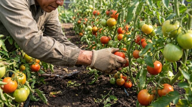 Farmer harvesting ripe red tomatoes from plants in a greenhouse garden.