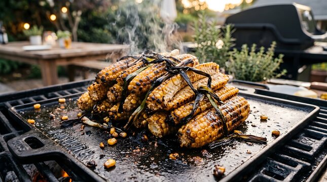 Summertime grilling enjoyment featuring delicious corn on the cob prepared on a cast iron griddle with steam rising outdoors on a wooden table setting