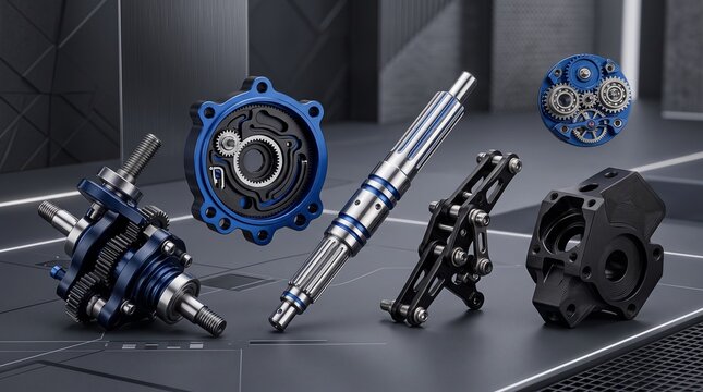 Collection of high-precision machined metal components, including planetary gear sets, splined shafts, and anodized aluminum housings, arranged on a dark technical surface.