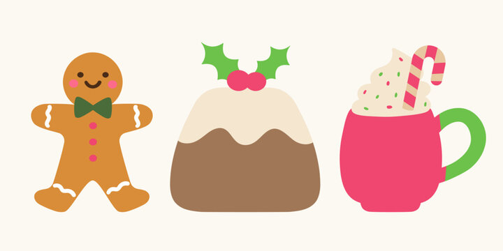 Minimalist Christmas food element set with cute gingerbread man character holiday pudding and hot cocoa cup flat vector illustration funny bakery dessert design isolated