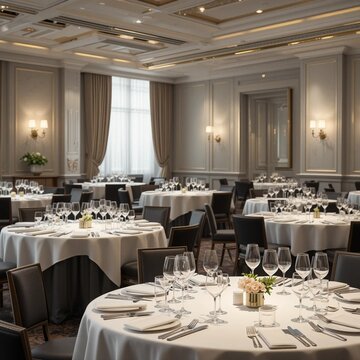 Fine dining room layout with round tables covered in crisp white cloths, elegant wine glasses, dim romantic spotlights