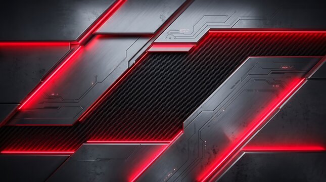 Futuristic metallic plate background with illuminated neon lines and carbon fiber texture representing cyber gaming aesthetics, sci-fi interface design, and high-tech hardware concepts