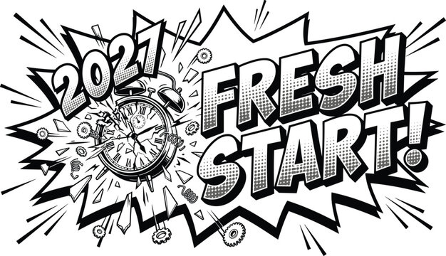 Fresh Start 2027 New Year motivational text banner comic book pop art style explosion with exploding alarm clock vector