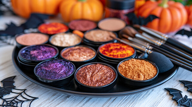 Direct aerial view of an organized Halloween makeup station with face paint brushes, colorful cosmetics, blending sponges and festive decorations, bright clean white background, orange pumpkins, bla