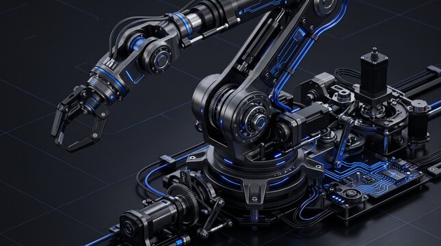 Industrial robotic arm assembly featuring carbon fiber components, blue LED circuitry, servo motors, mechanical gears, and precision engineering on a dark tech background.