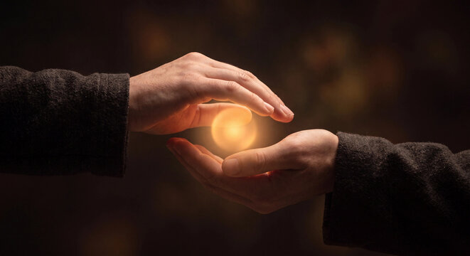 Two hands cupping glowing golden orb of light energy spiritual concept dark background photo