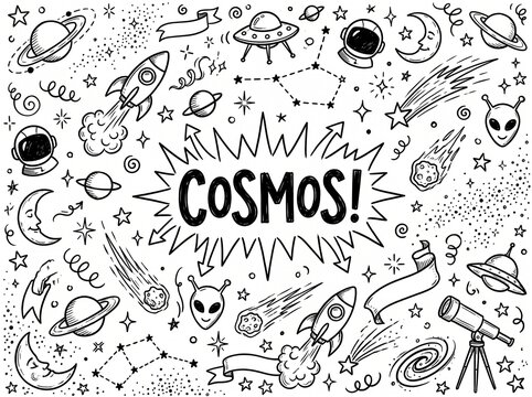 Cosmos doodle design with black and white space illustrations