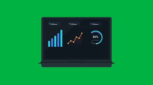 Clean modern 2D vector animation of a laptop displaying an analytics dashboard with growing bar charts, a trend graph, and a circular performance gauge on a solid green background
