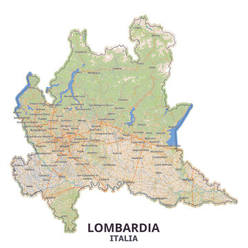 Detailed geographic map of Lombardy (Lombardia), Italy, featuring Milan, Bergamo, Brescia, Monza, Lake Como, Lake Garda, and regional highway networks.