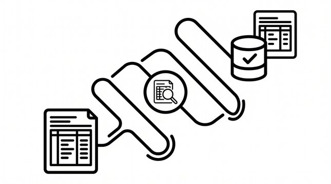 Data Import Validation Workflow Line Illustration. Enterprise Data Transfer Verification and Information Quality Control Process Outline Vector Isolated on White Background