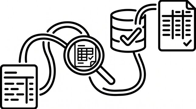 Data Import Validation Workflow Line Illustration. Enterprise Data Transfer Verification and Information Quality Control Process Outline Vector Isolated on White Background