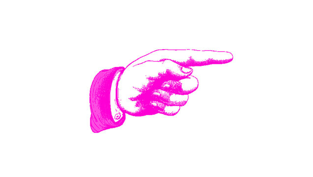 Magenta Pink Pointing Hand Icon Cartoon Line Art Illustration with Glove Style Finger Gesture Pointing Toward the Right Side, Hand Drawn Doodle Style Clipart Symbol for Direction and Attention, Perfec
