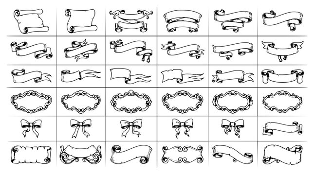 Collection of various blank flowing ribbons and scrolls set with simple line art design featuring sketches, drawings, vector graphics with minimalist and simple illustrations