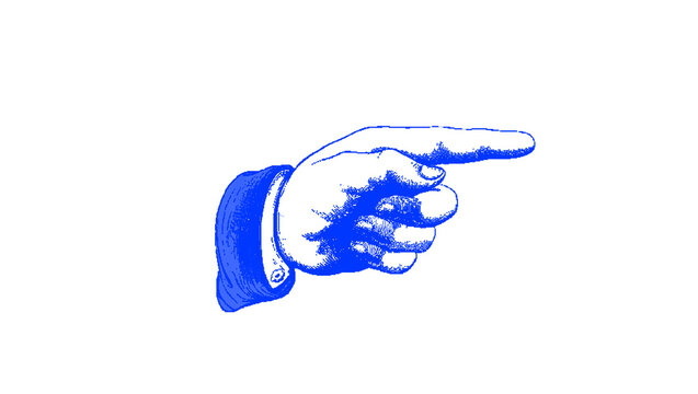 Blue Pointing Hand Icon Cartoon Line Art Illustration with Glove Style Finger Gesture Pointing Toward the Right Side, Hand Drawn Doodle Style Clipart Symbol for Direction and Attention, Perfect for Si