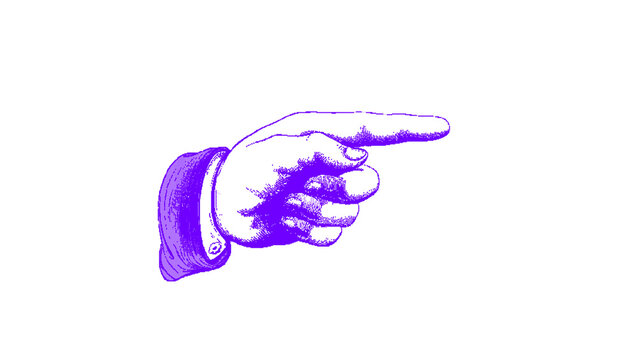 Purple Pointing Hand Icon Cartoon Line Art Illustration with Glove Style Finger Gesture Pointing Toward the Right Side, Hand Drawn Doodle Style Clipart Symbol for Direction and Attention, Perfect for 