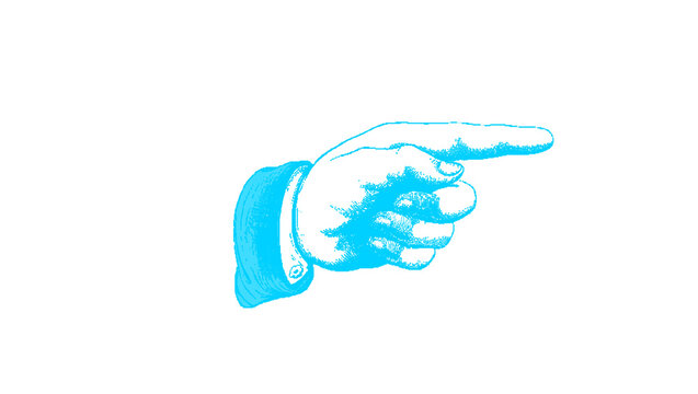 Cyan Pointing Hand Icon Cartoon Line Art Illustration with Glove Style Finger Gesture Pointing Toward the Right Side, Hand Drawn Doodle Style Clipart Symbol for Direction and Attention, Perfect for Si