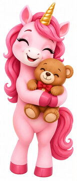 Cute pink unicorn with her teddybear