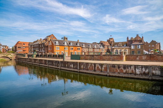 A view across King Staithe Square and Purfleet Quay along the waterfront in King's Lynn, Norfolk, England, in summertime