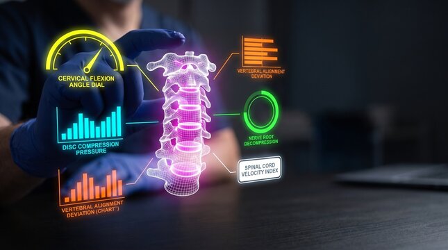 Medical professional examines glowing holographic spinal column projection featuring interactive digital data displays for advanced orthopedic diagnostics and clinical research analysis