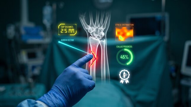 Digital holographic display showing a fractured human wrist bone analysis with biometric data interface operated by a surgeon in gloves