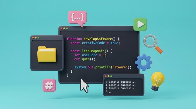 3d rendering Programmer developer typing script source languages coding symbols icon development project data programming software engineering IT technologies computer. 
