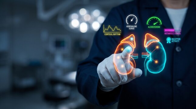 Medical professional interacting with a glowing digital holographic projection of human kidneys displaying complex endocrine system data and hormonal graphs