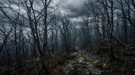 Fototapeta premium Halloween concept: A sinister forest with leafless trees under a dark, cloudy sky; a gloomy atmosphere.