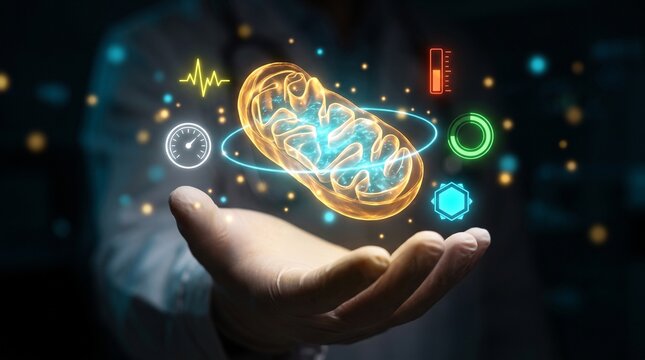 Glowing golden mitochondrial structure floating above a medical professional's hand with holographic research data icons in a high tech laboratory