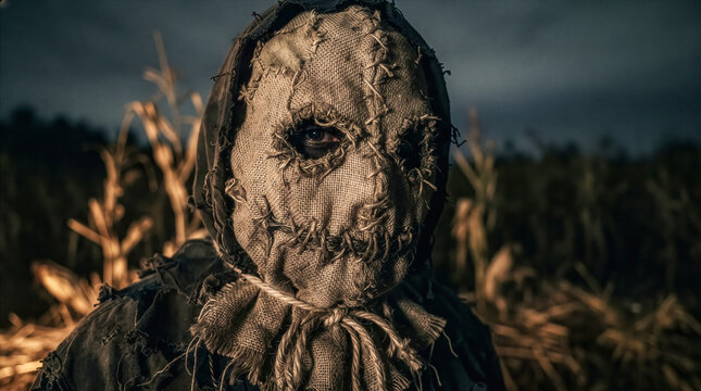 Halloween concept: Close-up of a classic burlap (jute) scarecrow mask, rustic texture, atmospheric lighting, professional horror-style photography.