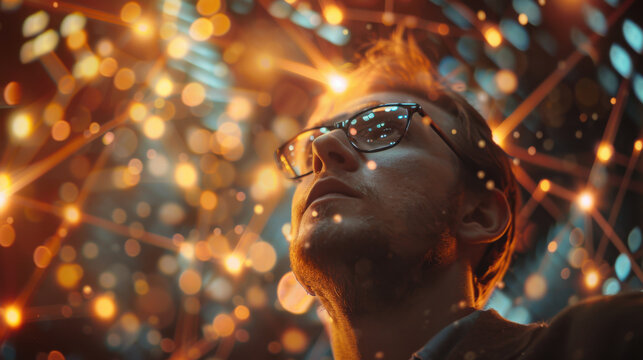 Innovative Young Male Programmer in Low Angle Shot with Bokeh Lights