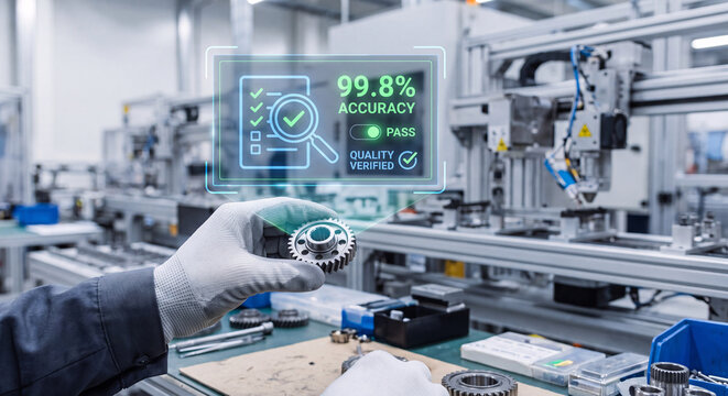 quality inspector holds glowing quality verified hologram with magnifying glass and pass checkmark icons above component, confirm product standard, track manufacturing quality assurance