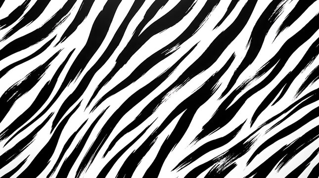 Black and white diagonal animal print pattern background with dynamic brush strokes resembling tiger or zebra stripes