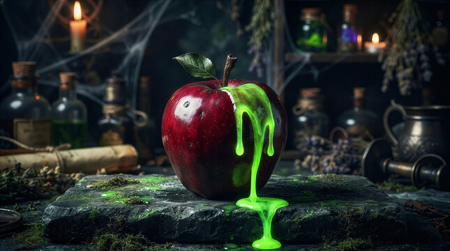 Halloween concept: A dark red apple with a neon-green "poisonous" liquid dripping from it; dark fairy-tale aesthetic, professional studio lighting.