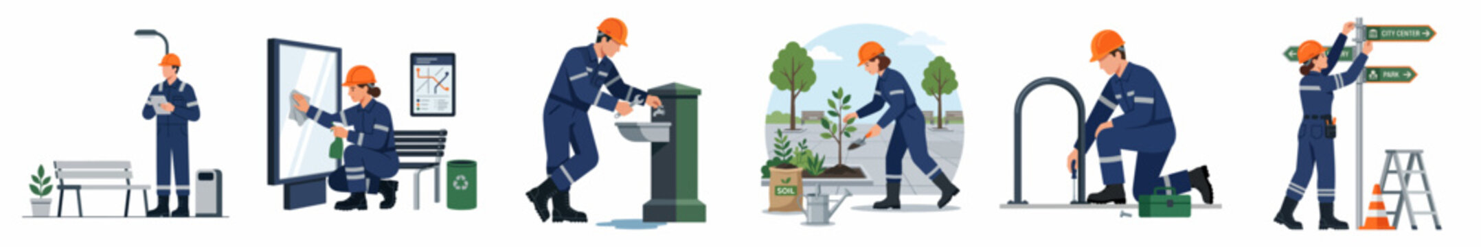 Municipal maintenance workers performing various city service tasks like cleaning, repairing, gardening, and installation in an urban environment, flat vector illustration.